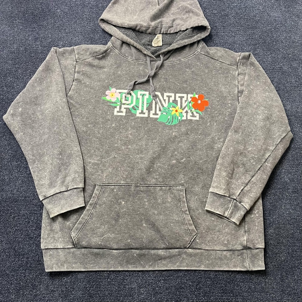 PINK Victoria's Secret Hoodie Womens Large Gray Pullover Fleece Floral Logo